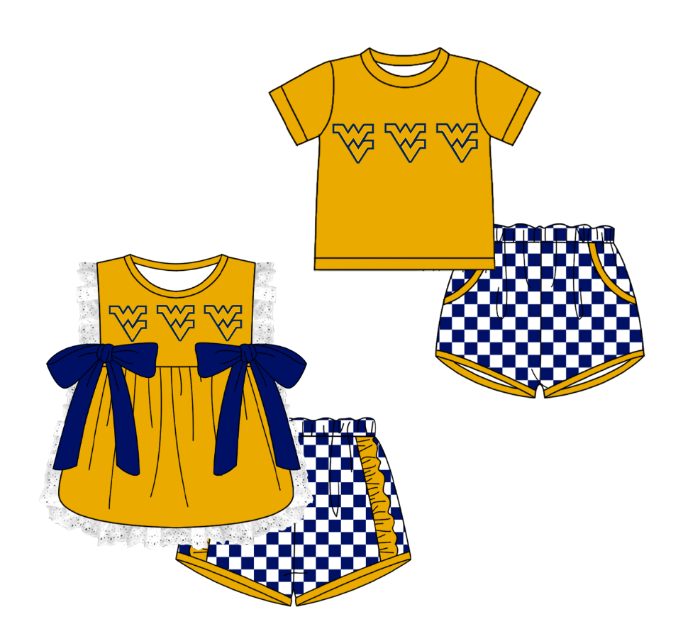 Custom moq 5 mix size milk silk summer teams Yellow Girl Sleeveless Top And Plaid Shorts Set with Bow Boy Short Sleeved Top And Plaid Shorts Set