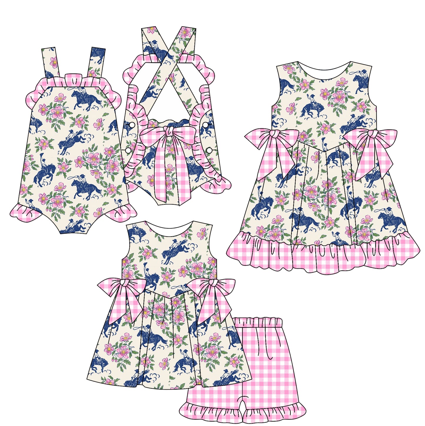 3.7 custom each style moq 5eta 4-6week Sibling Sisters riding horse floral baby girl short sleeve shorts sets and dress and rompers match family design