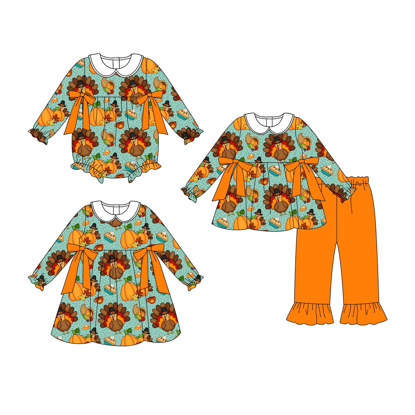 25.7.31 custom each style moq 5eta 4-6week Sibling Sisters pumpkin turkey baby girl long sleeve pants sets and dress and rompers match family design