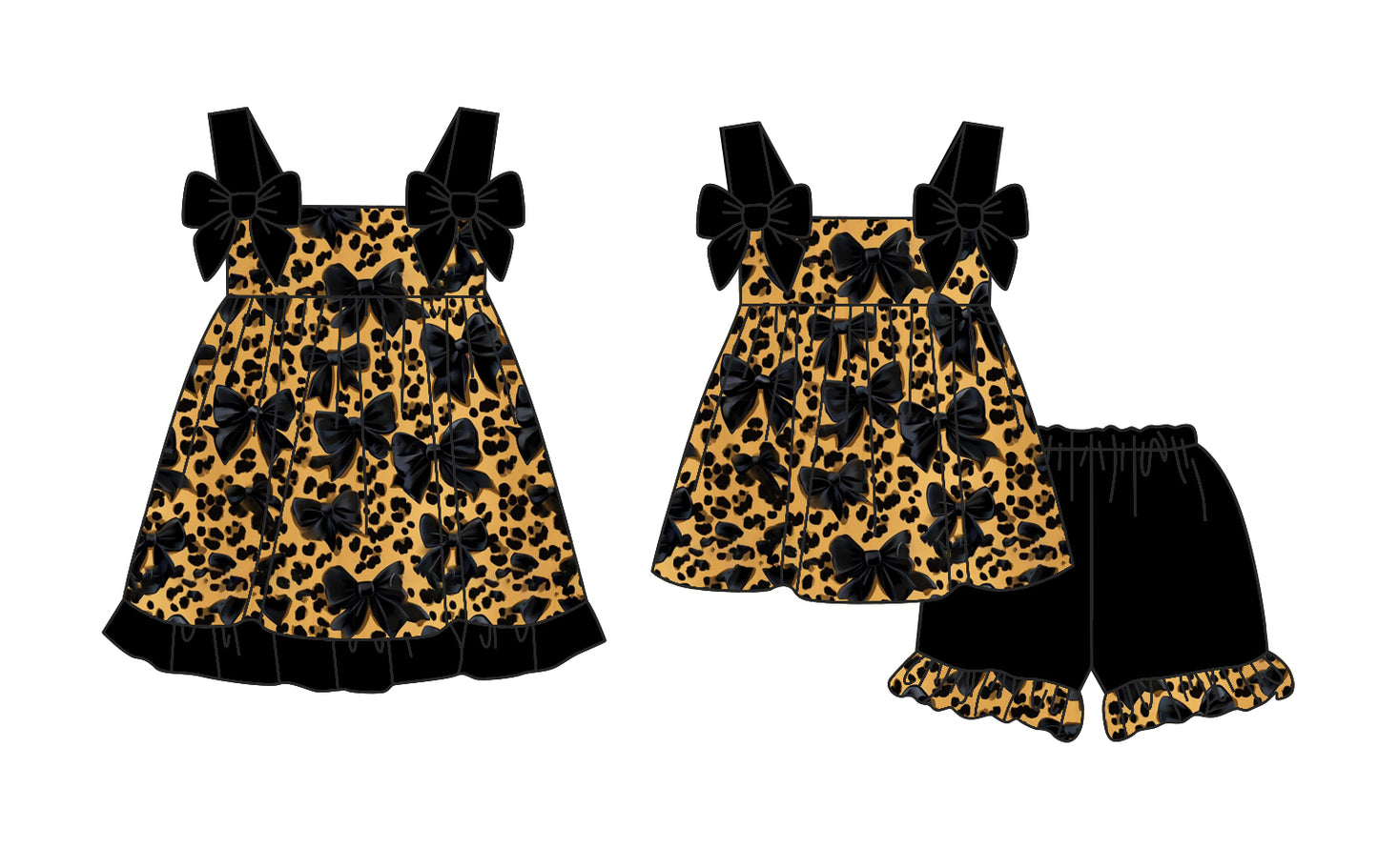 2.24 custom each style moq 5eta 4-6week Sibling Sister bow leopard baby girl short sleeve shorts sets and dresses match design