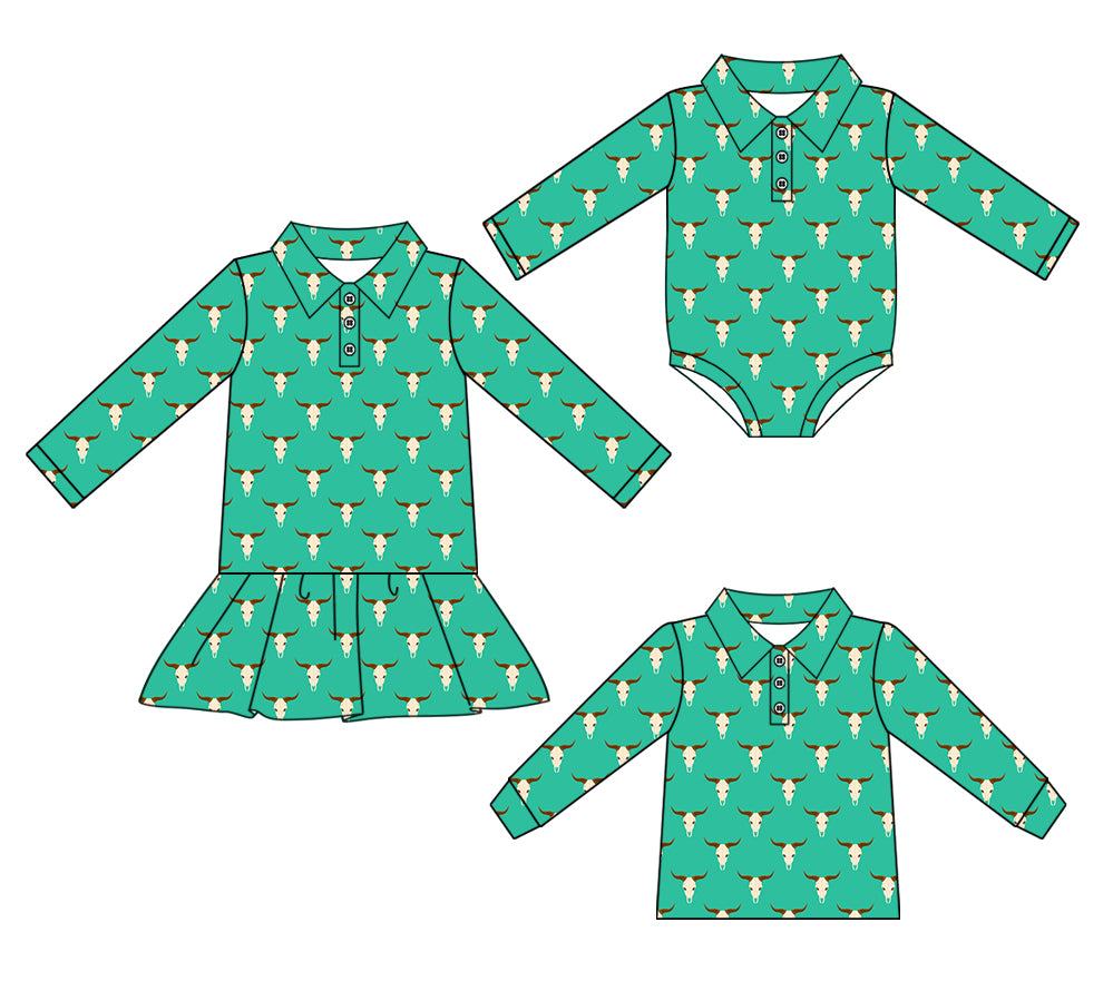 25.6.28 custom each style moq 5eta 4-6week Sibling Sisters cow head baby girls long sleeve dress and top and romper match family design