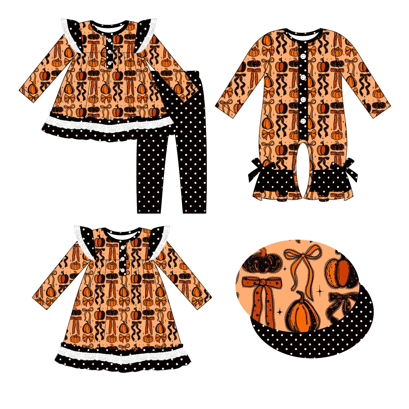 25.7.12 custom each style moq 5eta 4-6week Sibling Sisters pumpkin bow baby girl long sleeve pants sets and dress and rompers match family design
