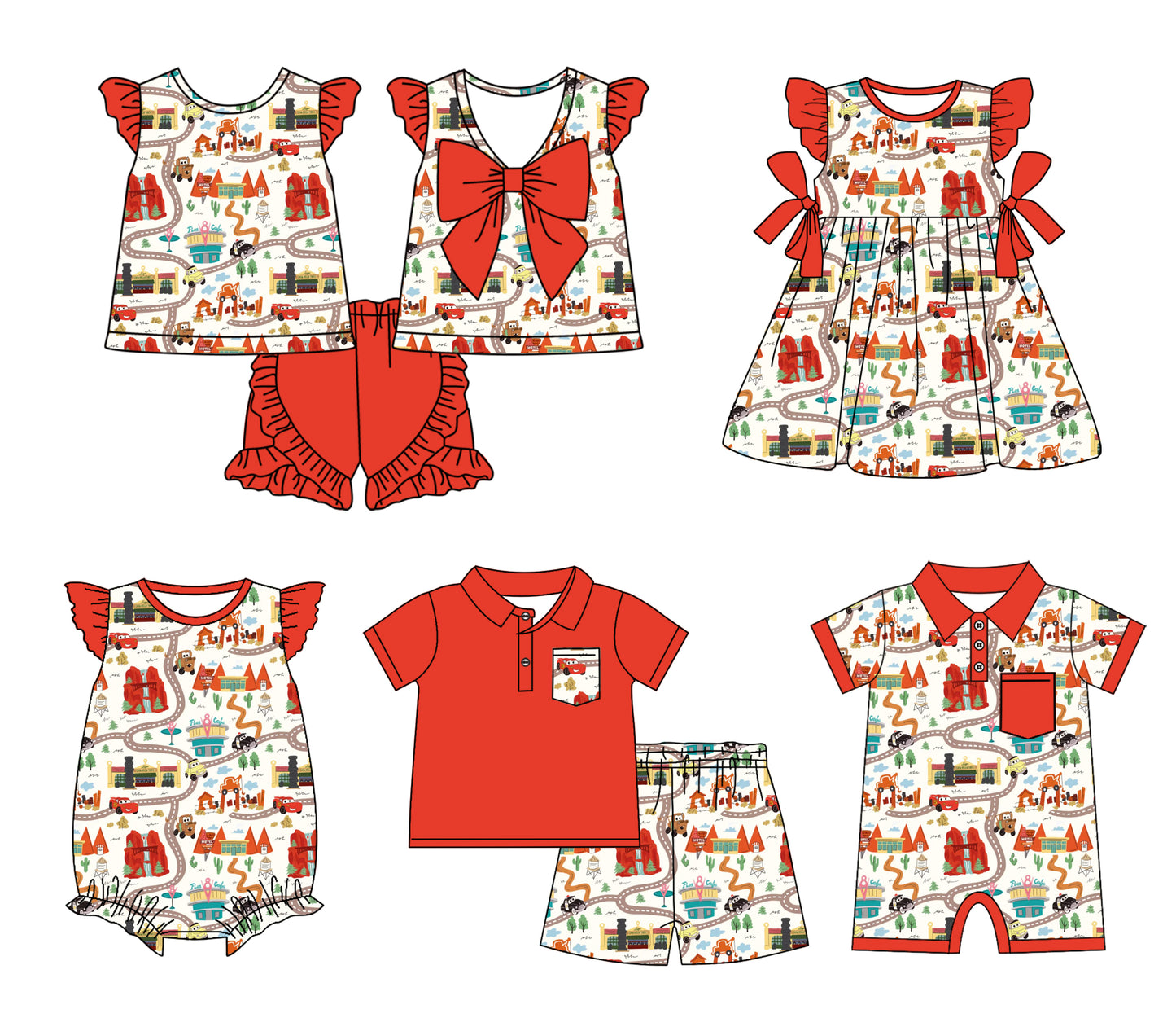 11.18 custom each style moq 5eta 4-6week Sibling Sister house red baby girl short sleeve shorts sets and sets 2 and girls romper and boy romper and dress match design