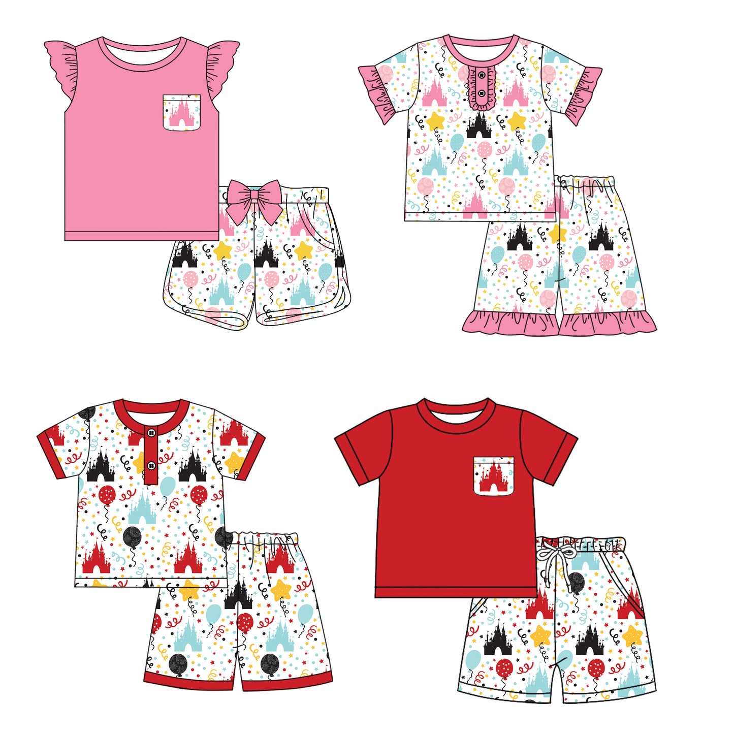 12.18 custom each style moq 5eta 4-6week Sibling Sister balloon castle baby boy short sleeve shorts fish sets 1 and easter sets 2 and set 3 match design