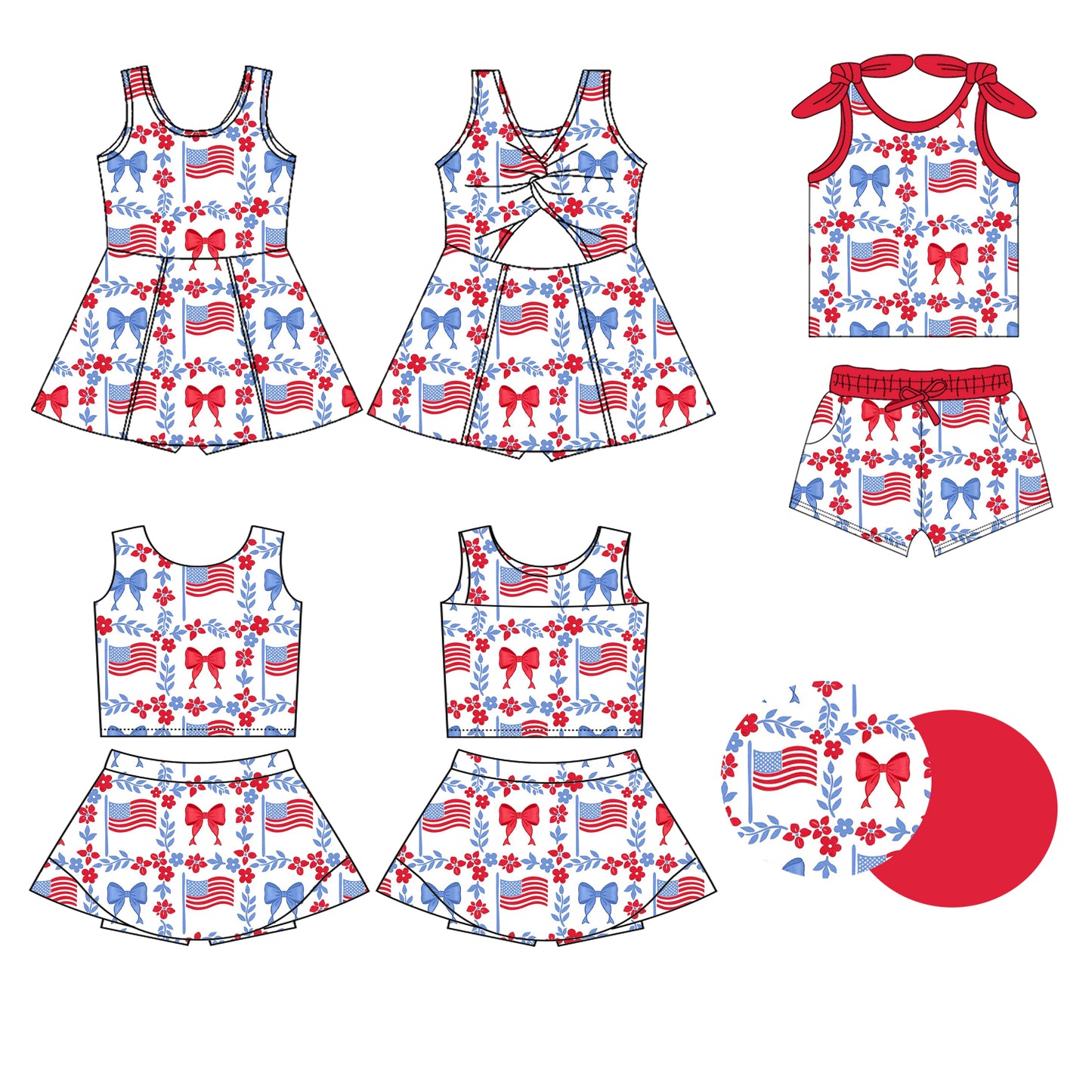 25.12.26 custom each style moq 5 eta 6-8week Sibling Sisters bow flag floral baby girl clothes short sleeve shorts sets and skirts set 2 and dress match family design
