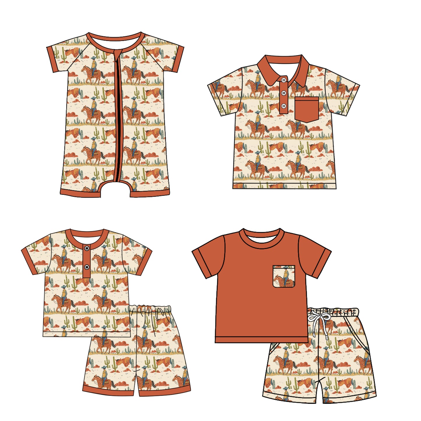 3.1 custom each style moq 5eta 4-6week Sibling Sister riding horse baby girl sets 1 and sets 2 and boy rompers and top match family design