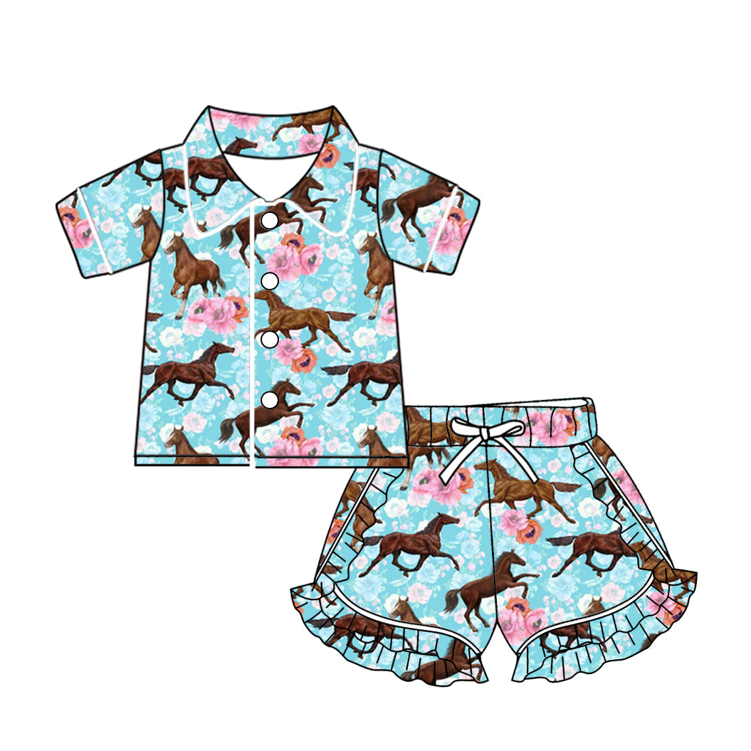 10.22 custom each style moq 5eta 4-6week baby kids clothes horse floral short sleeve shorts pajamas sets