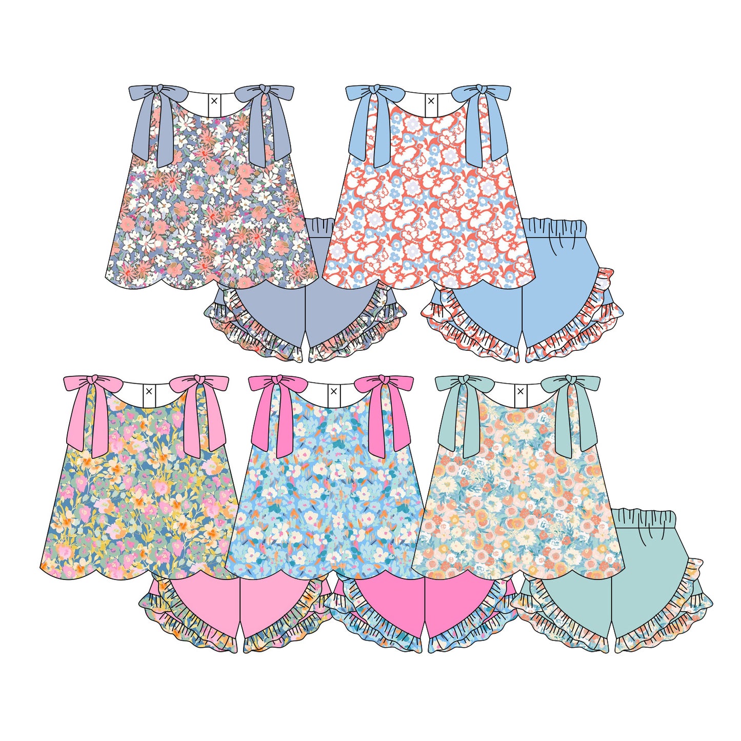 3.12 Custom moq 5 mix size Sibling Kids Colorful Flowers Sleeveless Top And Shorts Set Summer Outfit