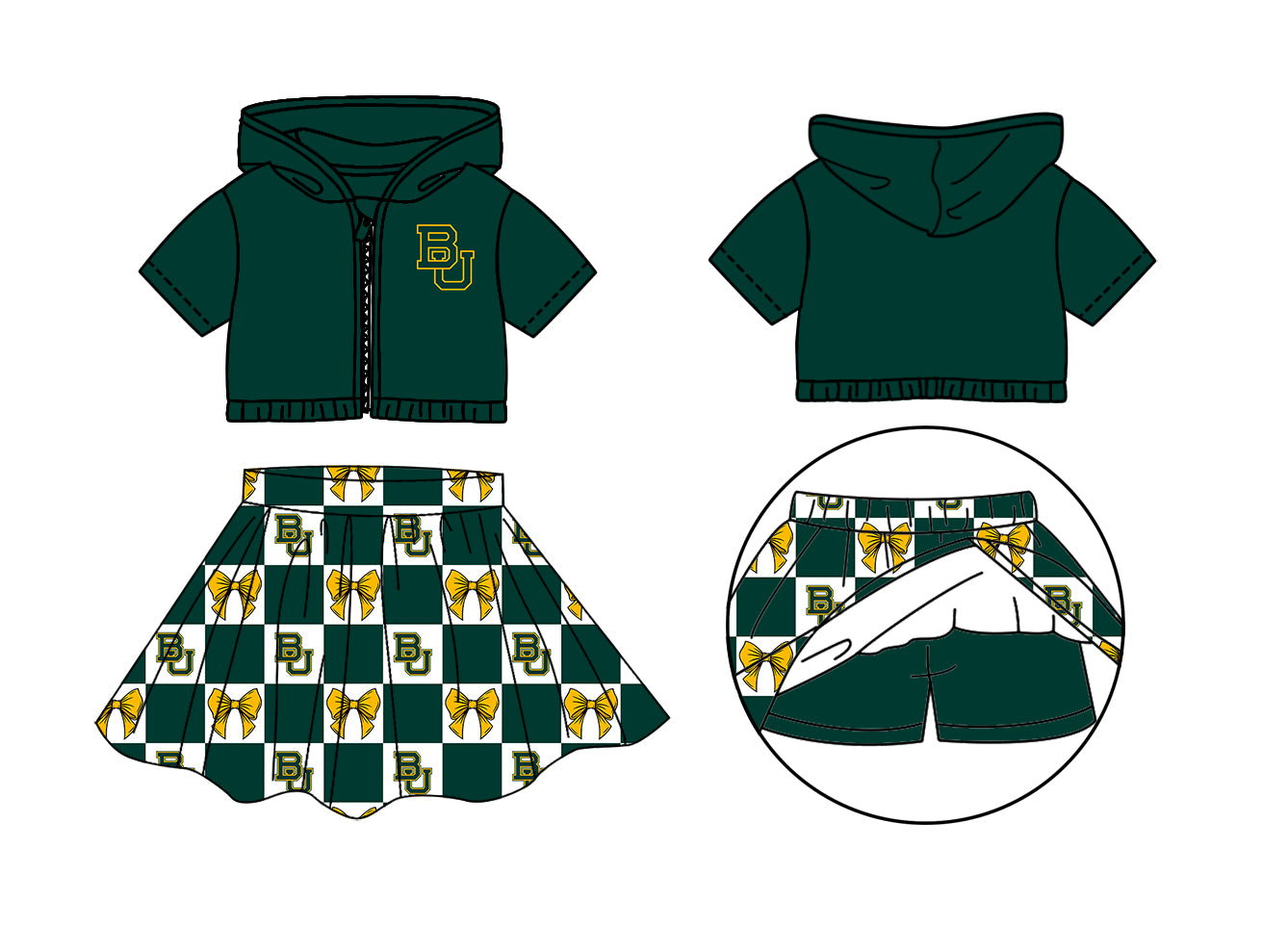 Custom moq 3 or 5 mix size milk silk summer teams baby girl clothes bow green zipper hooded short sleeve shorts skirts sets-26.1.24