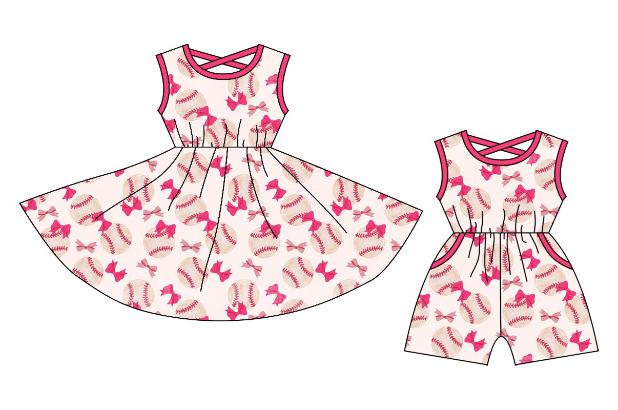 12.20 custom each style moq 5eta 4-6week Sibling Sister baseball bow baby girl short sleeve shorts dress and jumpsuit match design