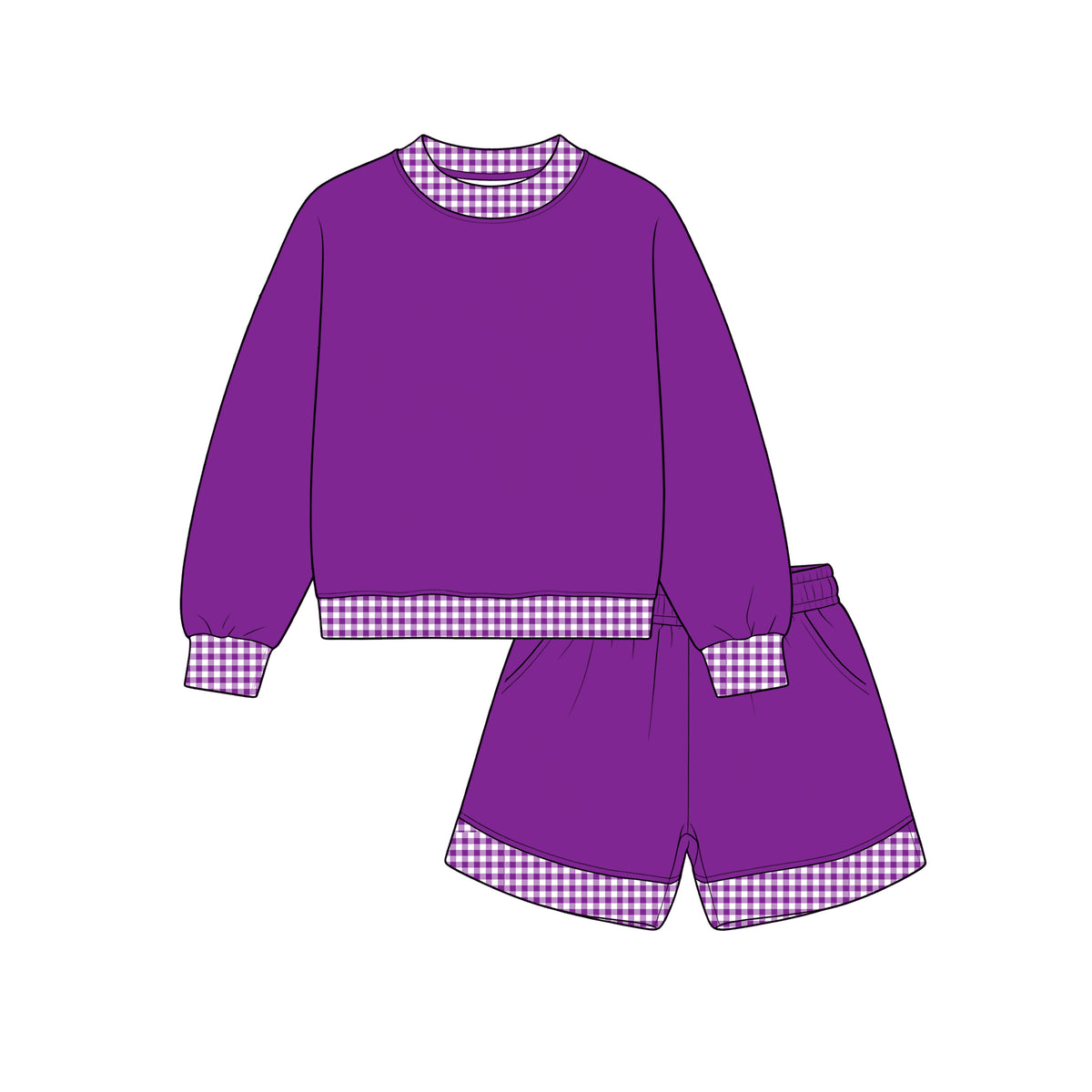 Custom moq 5 girls Blank Cotton Fabric Sweatshirt Shorts Set Bright purple sweatshirt and shorts set