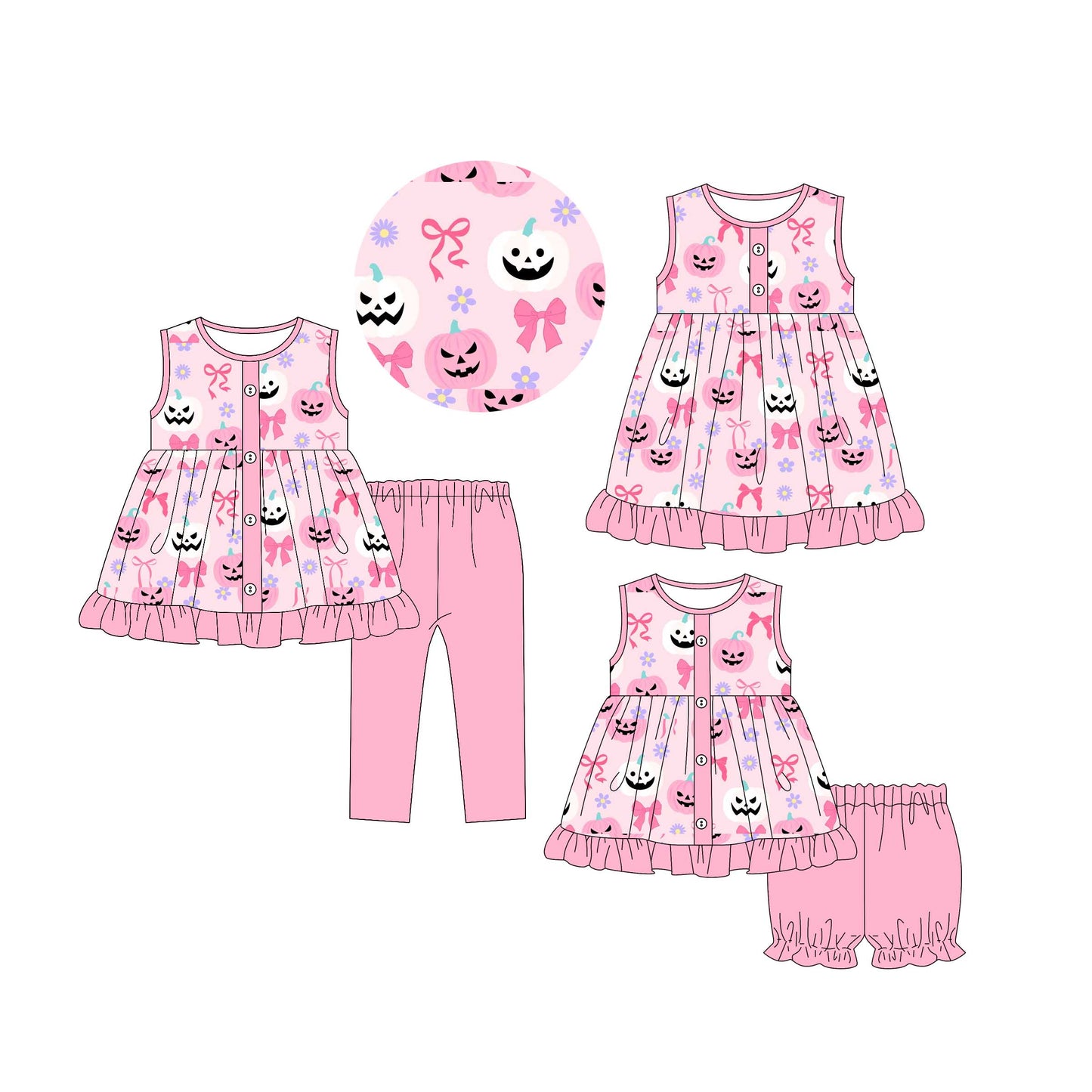 4.30 custom each style moq 5eta 4-6week Sibling Sisters pumpkin bow baby ghort sleeve shorts sets and pants sets and dress match family design