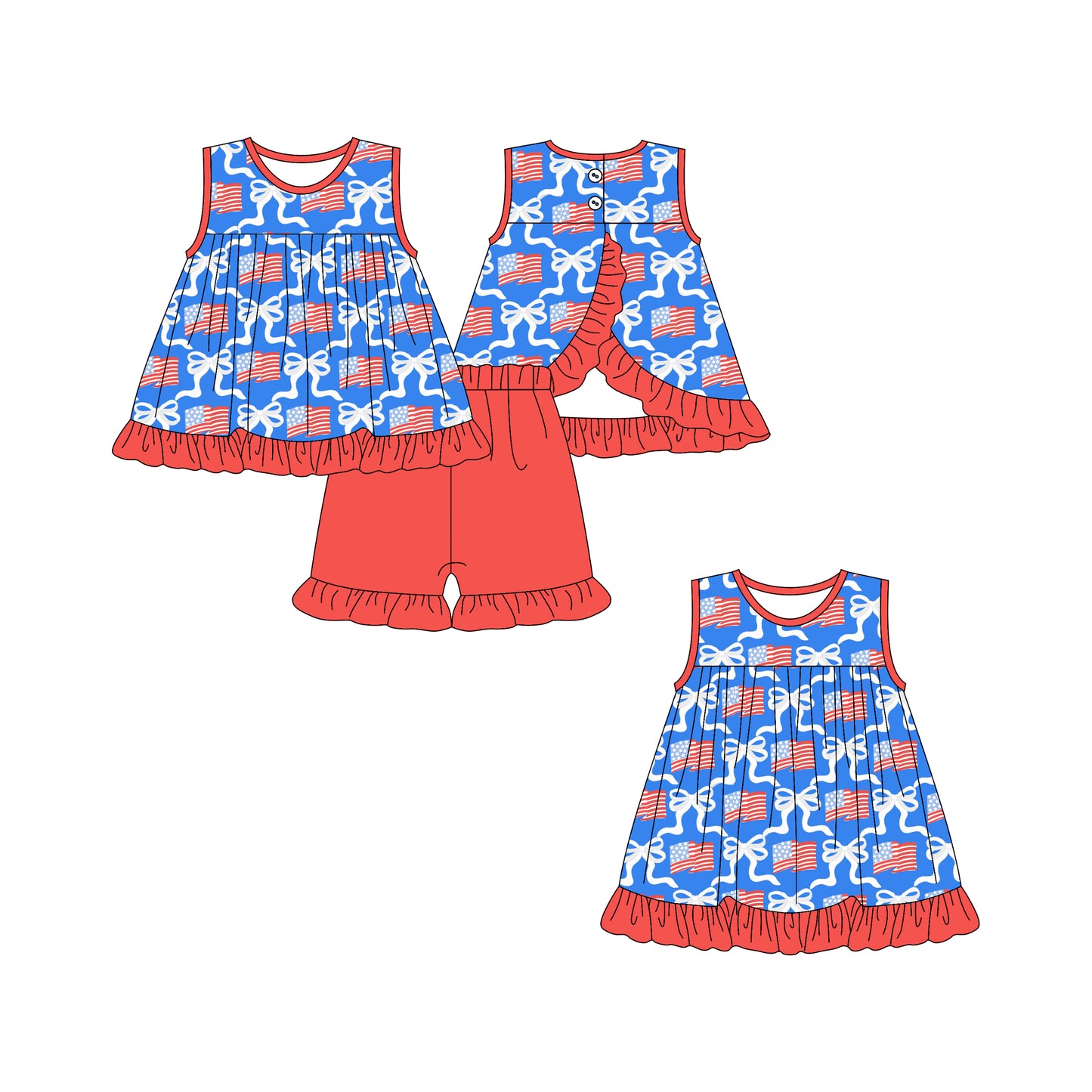 2.25 custom each style moq 5eta 4-6week Sibling Sister flag bow baby girl short sleeve shorts sets and dresses match design