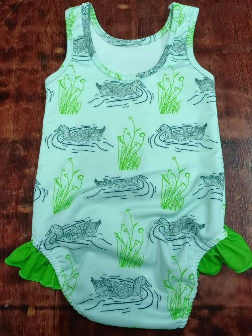 Custom moq 3 eta 6-7weeks Hand-painted duck and water grass green sleeveless romper