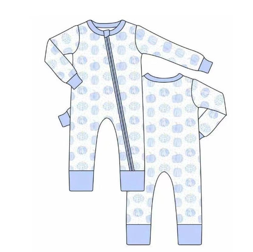 5.11custom each style moq 5eta 4-5week Sibling Sister blue pumpkin prints blue girls set and baby romper match family design
