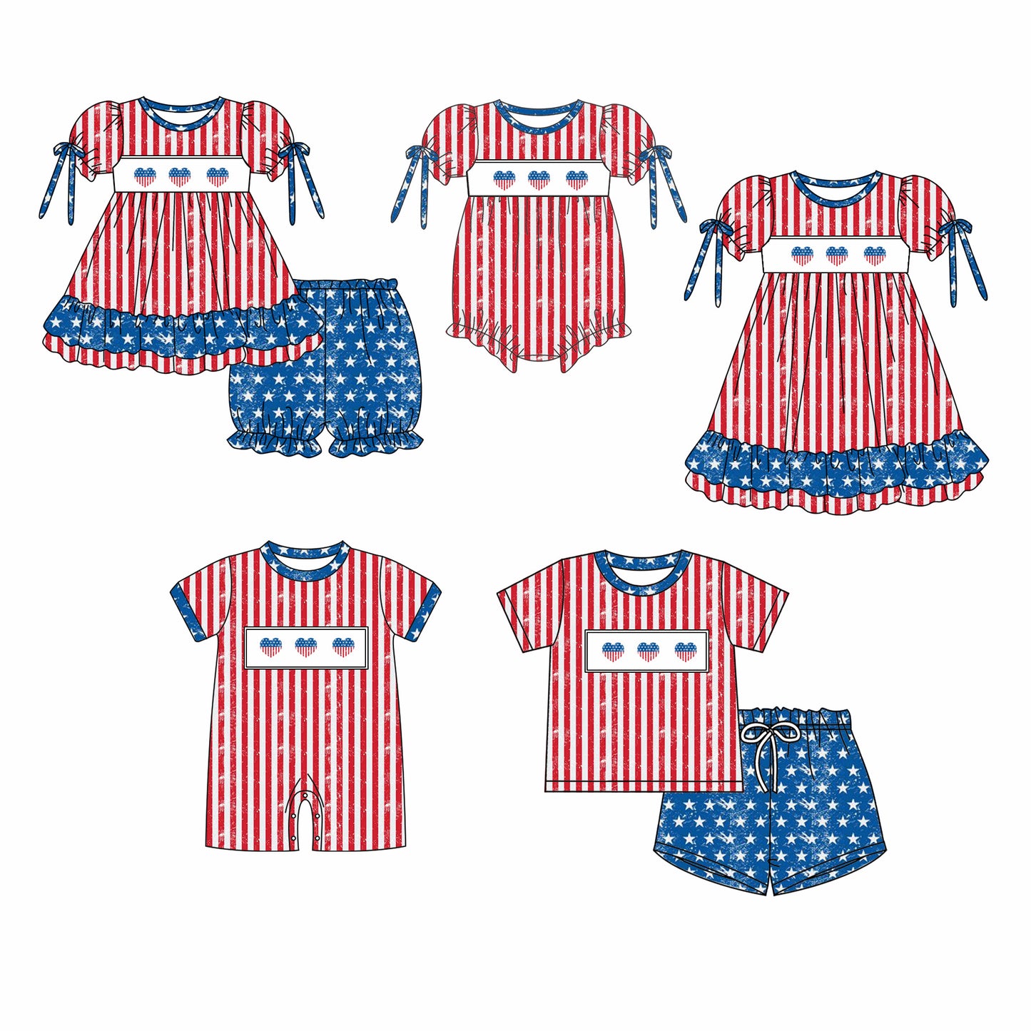 11.26 custom each style moq 5eta 4-6week Sibling Sister 4th of july love baby girl short sleeve shorts sets and sets 2 and girls romper and boy romper and dress match design
