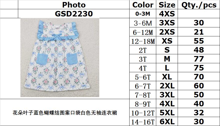 RTS NO MOQ GSD2230 flowers and leaves blue bow pattern pocket white sleeveless dress