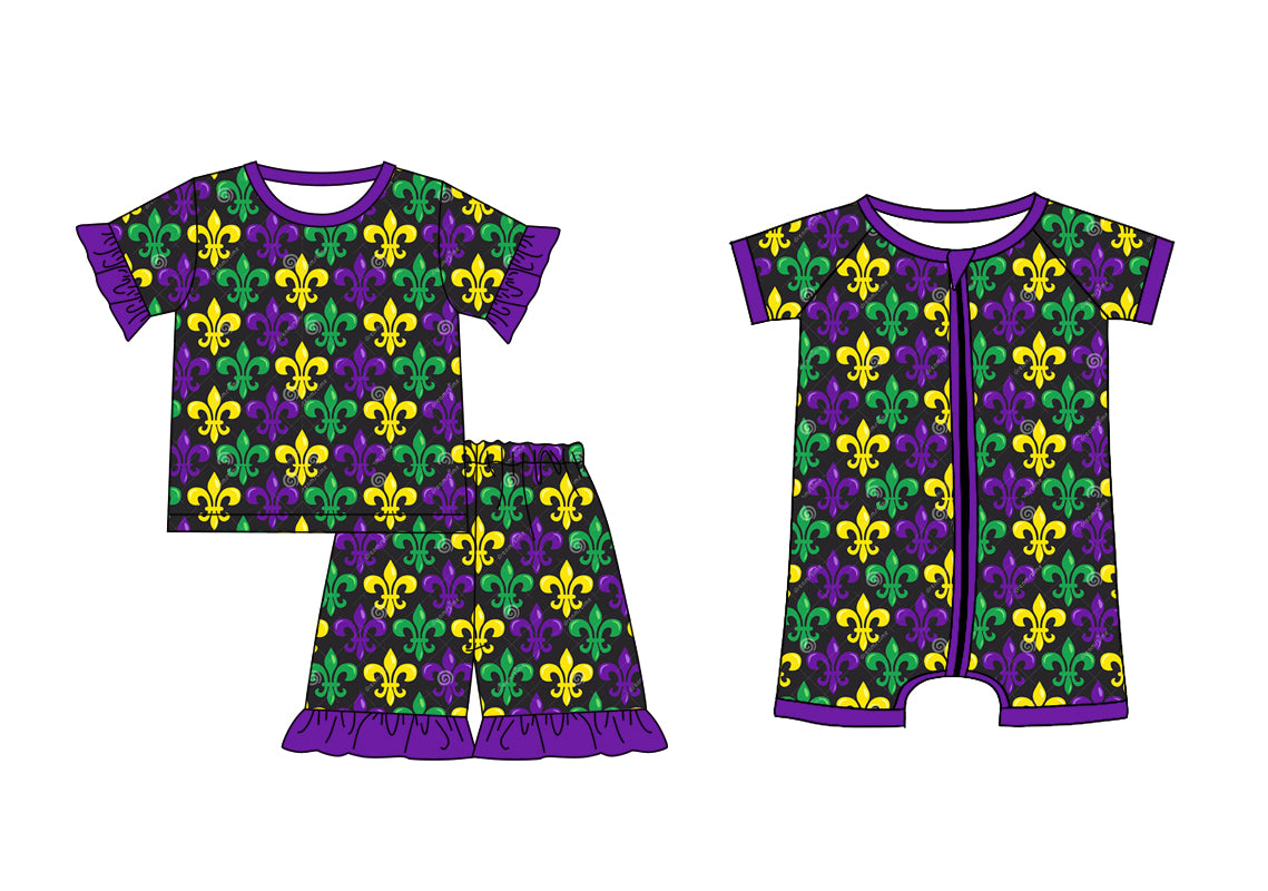 12.4 custom each style moq 5eta 4-6week Sibling Sister mardi gras baby girl short sleeve shorts sets and rompers match design