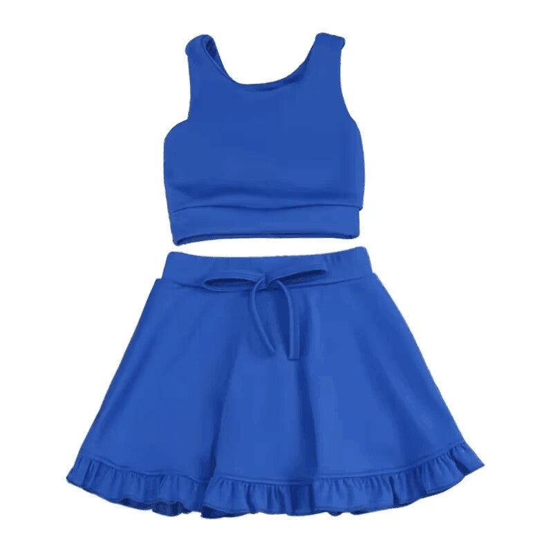 Deadline July 1 custom no moq eta 6-7weeks Blue short-sleeved skirt suit Blue cotton suit