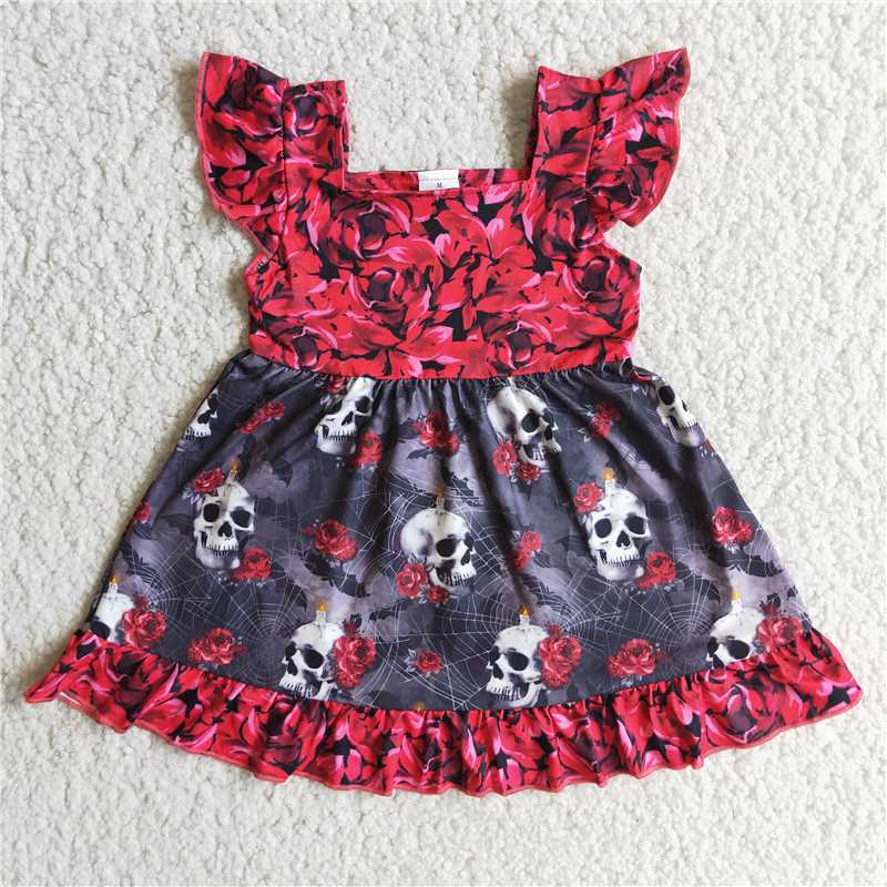 SALES NEW Girls Red Halloween Dress with Skulls And Flowers Print Flutter-Sleeve Cute And Spooky Children's Costume for Halloween