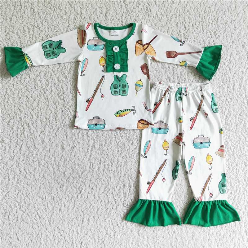 SALES NEW Baby Girls Green Fishing Pajamas Sets Cute Children's Sleepwear Comfortable Soft Fabric Baby Clothes for Girls