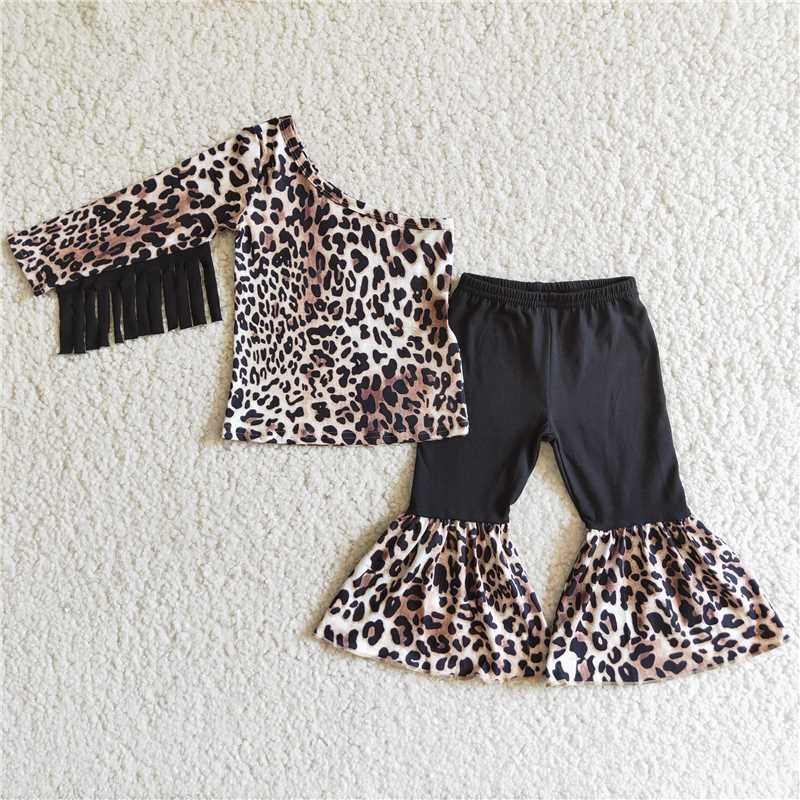 SALES NEW Children's Western Leopard Tassel Boutique Bell Pants Set Cute Print Outfit for Kids
