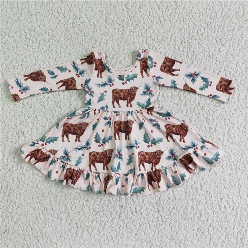 SALES NEW Baby Girls Western Highland Cow Twirl Dresses Cute Infant Girl's Clothing Scottish Theme Party Wear