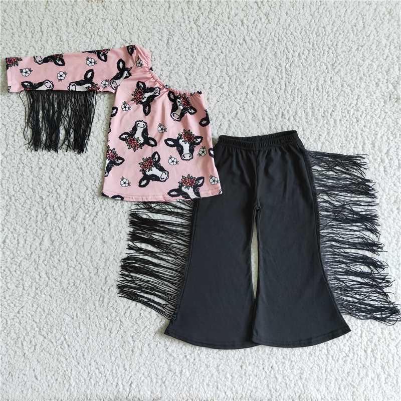 SALES NEW Baby Girls Pink Cow Tassel Western Pants Outfit Set Cute Farm Themed Clothing for Infants