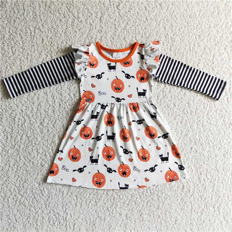 SALES NEW Baby Girls Pumpkin Stripe Long Sleeve Dress Cute Infant Girl Outfit Autumn Fashionable Clothing