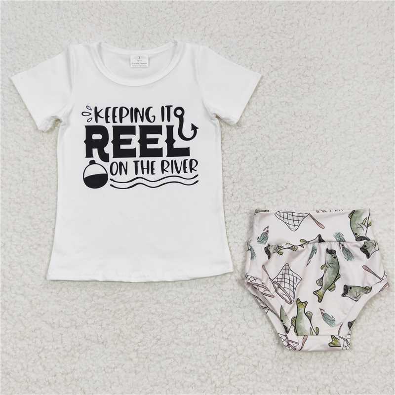 SALES NEW Baby Kids White Tops Fishing Bummie Sets