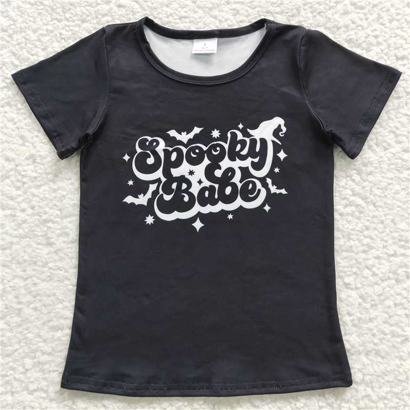 SALES NEW Baby Girls Spooky Babe Short Sleeve Black Shirt Tops Cute And Fashionable Infant Clothing