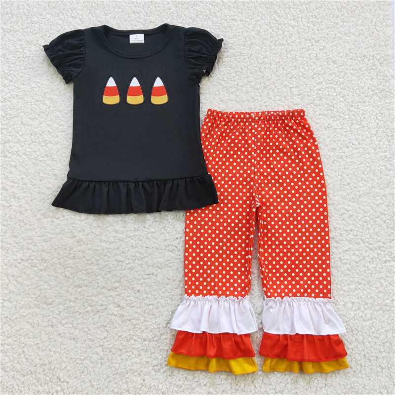 RTS NO MOQ GLP1171 Embroidery GSPO0709 Halloween embroidered candy black short-sleeve orange plaid