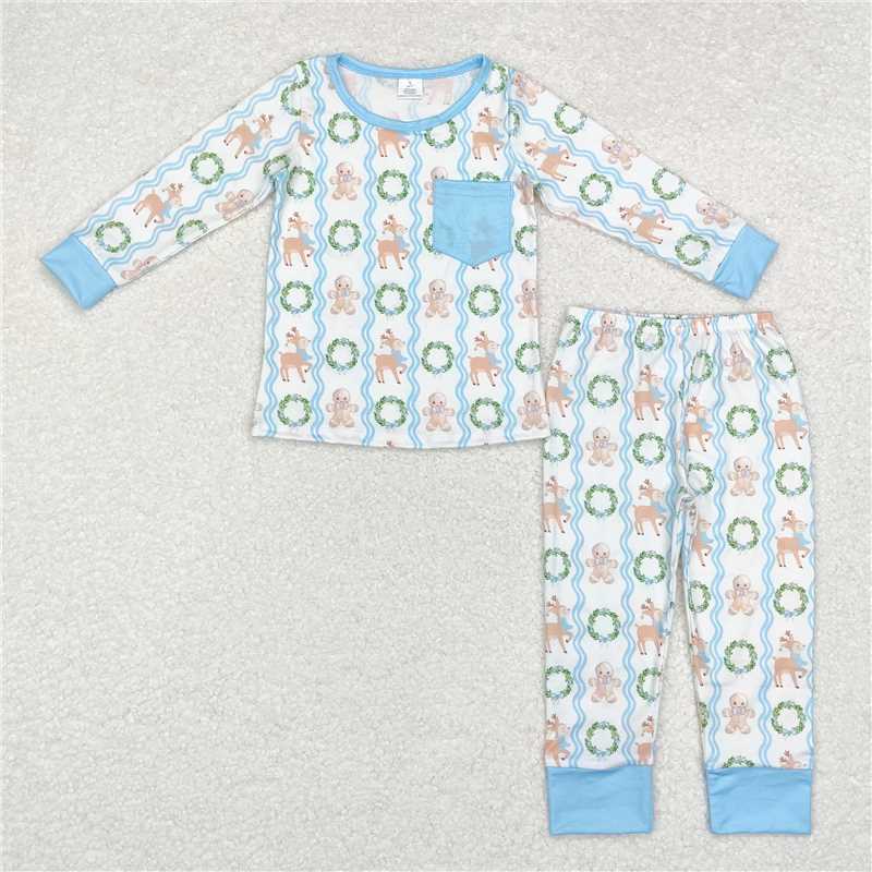 Baby Kids Gingerbread Deer Wreath Collection - Pink Pockets Set & Blue Trim Pajama Set