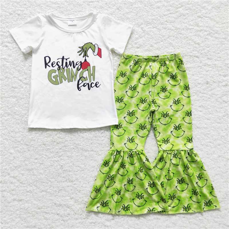 SALES NEW Baby girls White Short-Sleeve Top and Green Christmas Flared Pants Set for Infants