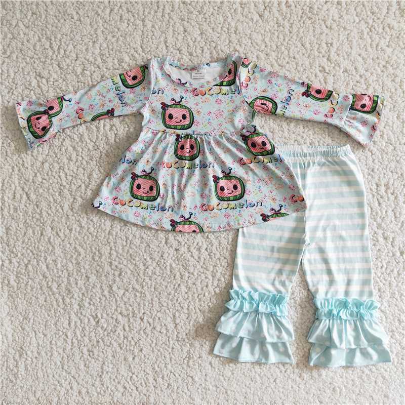 6 B3-20 Kids Girls Light Blue Print Long Sleeve Top Elastic High Waist Stripe Pant Set