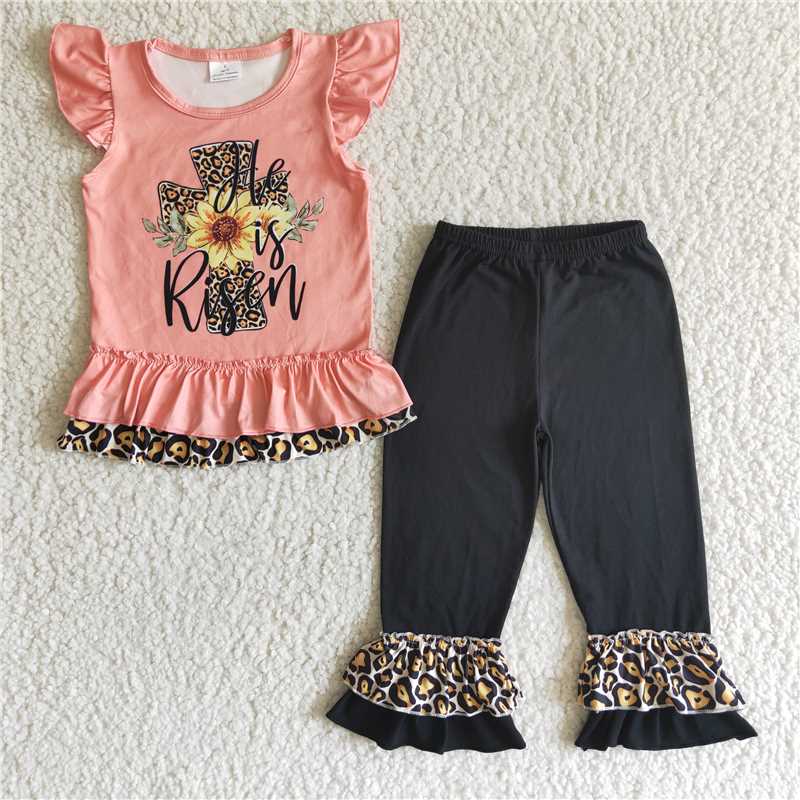 SALES NEW Baby Girls Easter Clothing Set Orange Leopard Print with Flutter Sleeves And Ruffle Pants for Infants