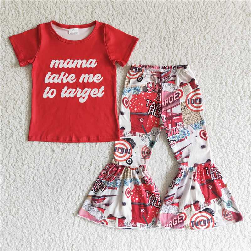 SALES NEW Baby Girls Red Short Sleeve Bell Bottom Pants Clothing Set Infant Outfit Combo