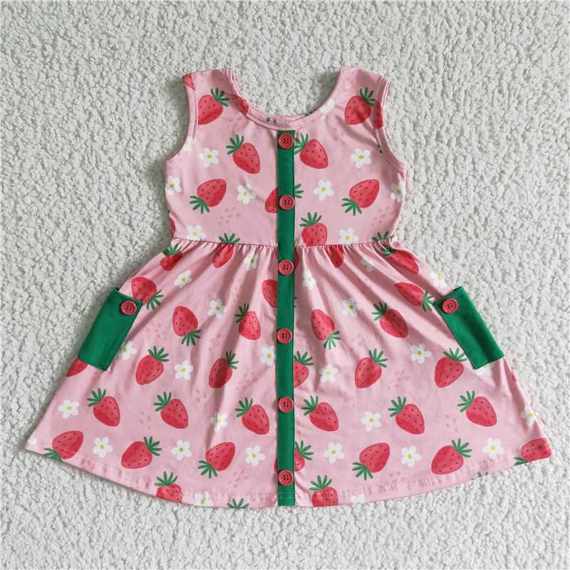 SALES NEW Baby Girls Summer Strawberry Print Sleeveless Dress with Pocket Cute Children's Clothing for Girls