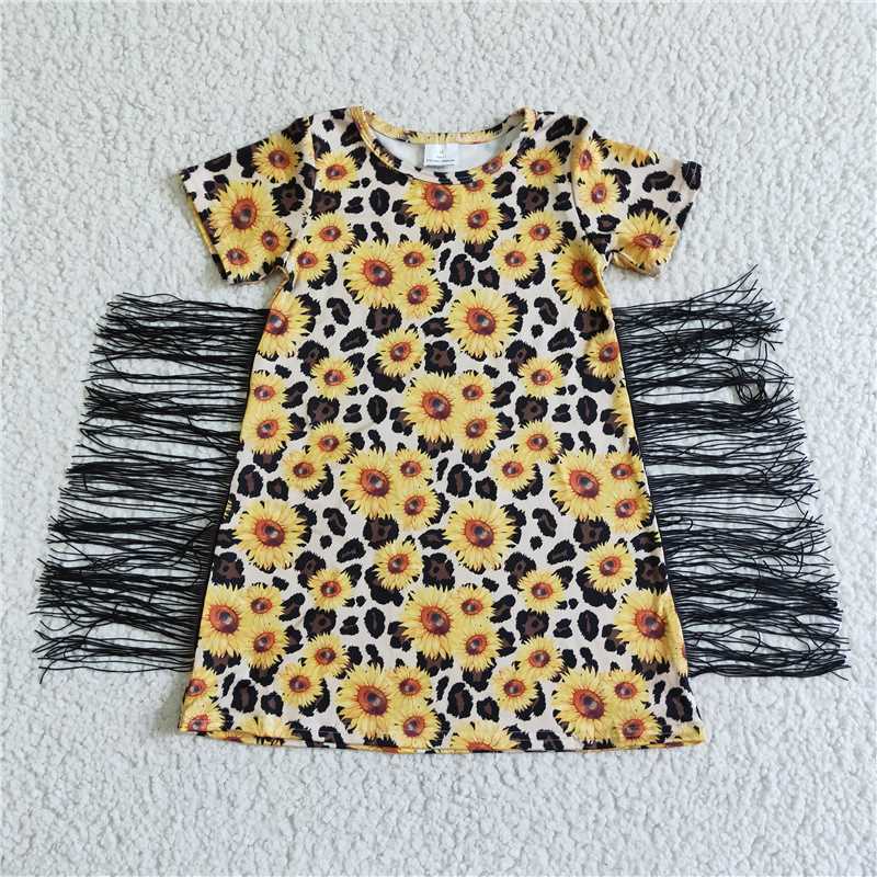 SALES NEW Toddler Girl Western Fringe Dress Cute Cowgirl Leopard Sunflower Printed Cotton Blend Casual Dress for Kids
