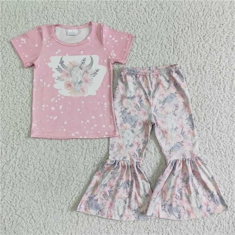 SALES NEW Baby Girls Western Cow Skull Bell Pants Clothing Set Toddler Outfit with Bell Bottoms And Top