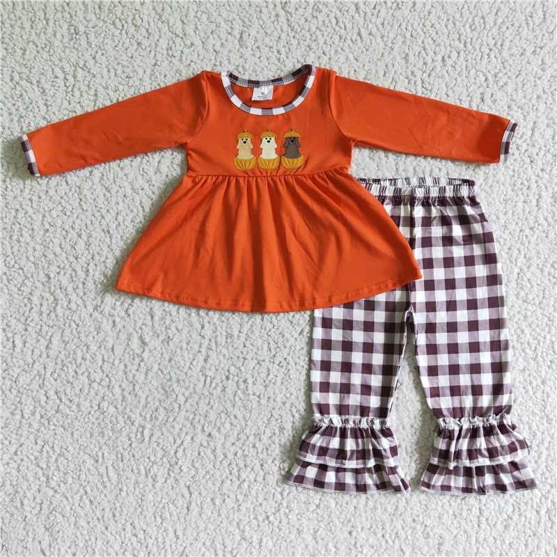 SALES NEW Baby girls fall dog pumpkin ruffle pants sets