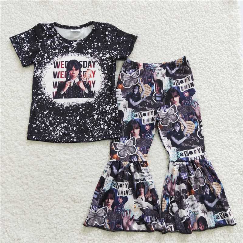 RTS NO MOQ GSPO0448 GSPO0586 GSPO0688 Preppy Girl Pattern Short Sleeve Flared Pants Suit