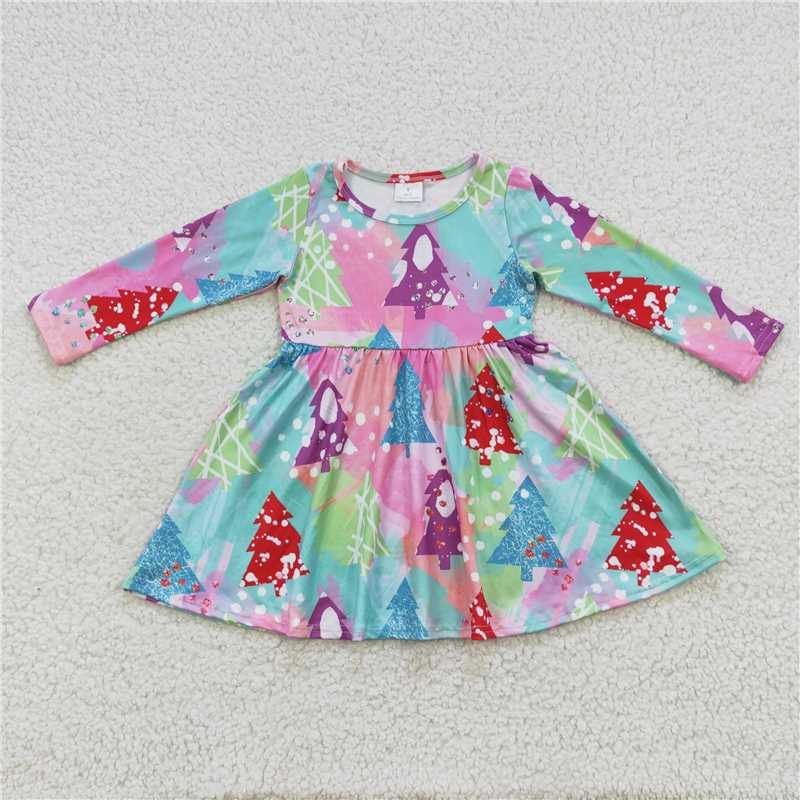 SALES NEW Baby Girls Colorful Christmas Tree Knee-Length Dress Cute Festive Outfit for Toddlers