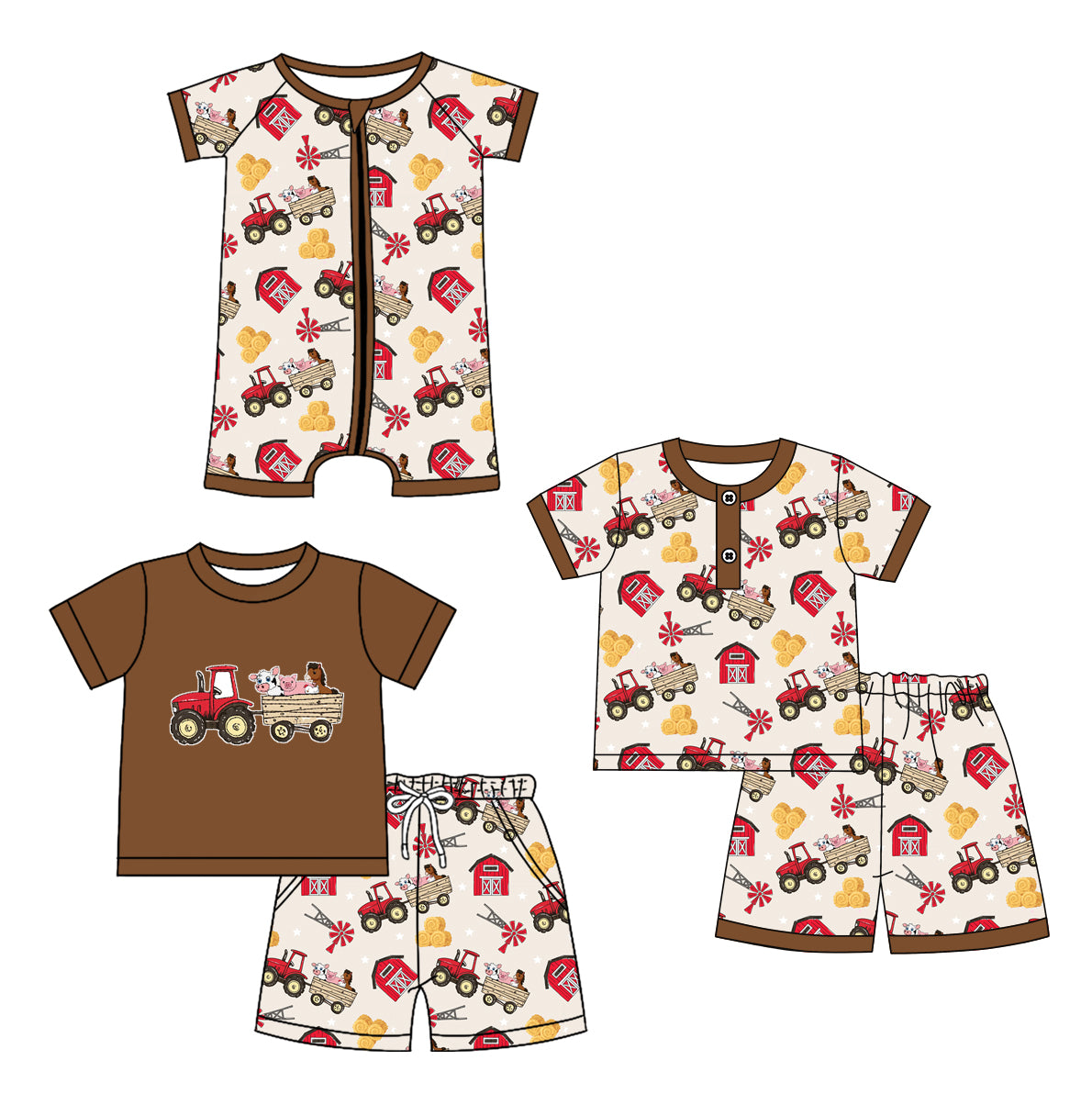 12.21 custom each style moq 5eta 4-6week Sibling Sister tractor baby boy short sleeve shorts set 1 and sets 2 and boy romper match design