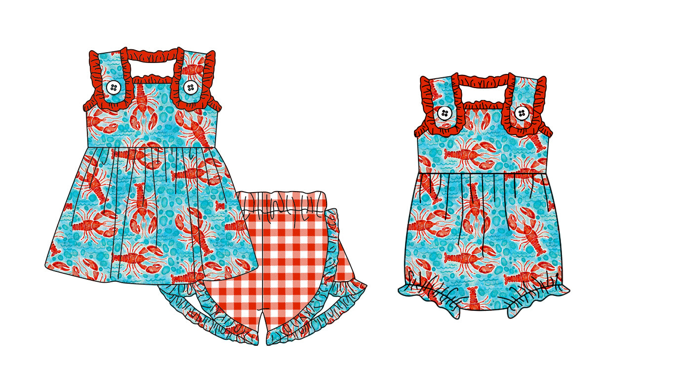 12.3 custom each style moq 5eta 4-6week Sibling Sister lobster baby girl short sleeve shorts sets and rompers match design
