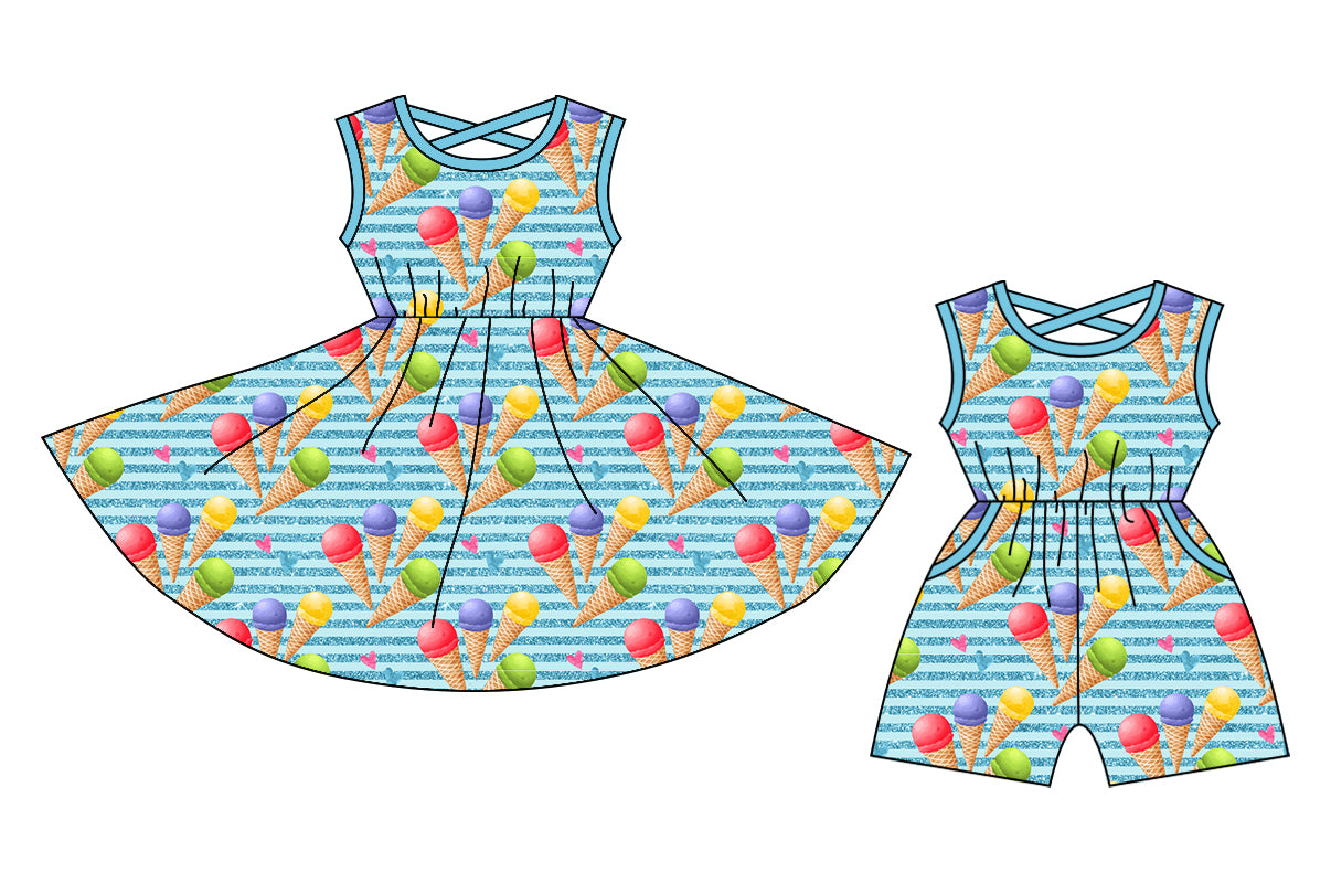 12.24 custom each style moq 5eta 4-6week Sibling Sister ice cream baby girl short sleeve shorts dress and jumpsuit match design