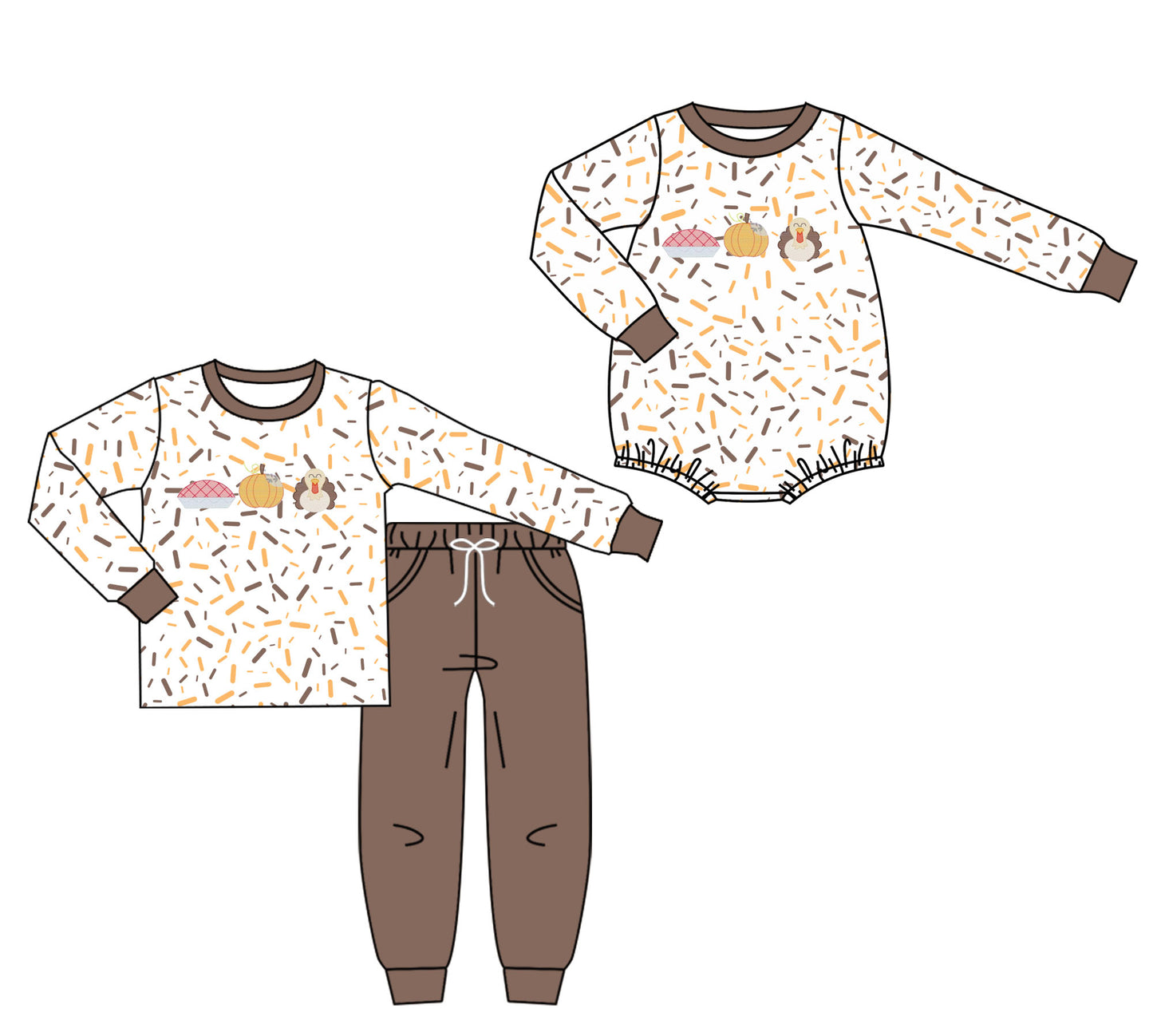 25.7.25 custom each style moq 5eta 4-6week Sibling Sister pumpkin turkey baby boy long sleeve pants sets and rompers match family design
