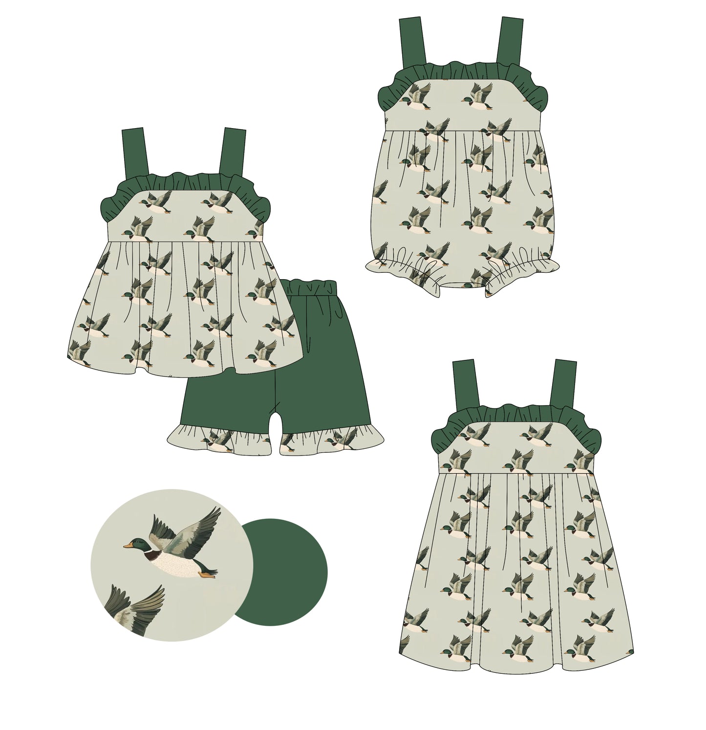 3.21 custom each style moq 5eta 4-6week Sibling Sisters duck baby girl short sleeve shorts sets and dress and rompers match family design