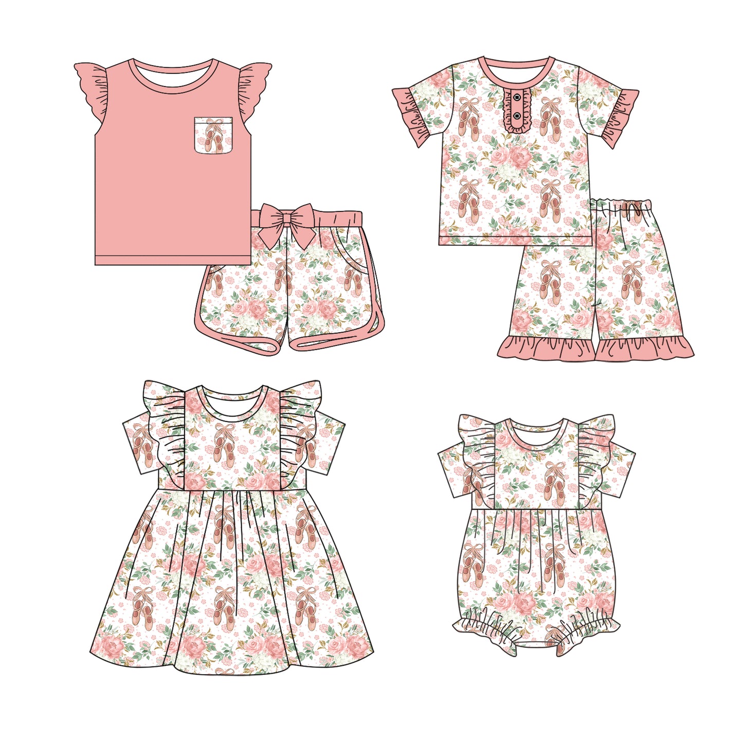 12.19 custom each style moq 5eta 4-6week Sibling Sister ballet shoes floral baby girl short sleeve shorts sets and sets 2 and girls romper and boy romper and dress match design