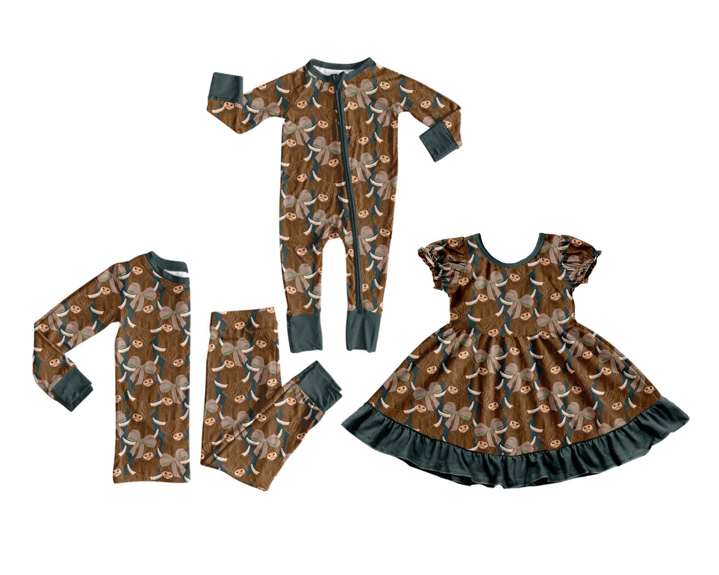 4.15 Custom moq 5 mix size Sibling Baby Western Highland Cow Long Sleeve Pajama Set Long Sleeve Zipper Romper dress